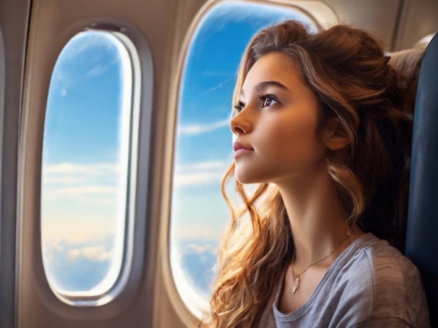 Piękna dziewczyna patrząca na niebo przez okno z samolotu.