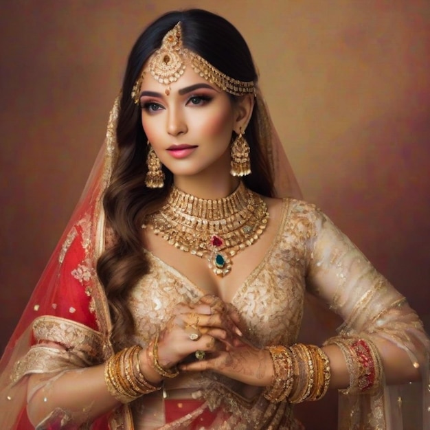 Piękna dziewczyna pochodzenia indyjskiego w tradycyjnych czerwonych kostiumach ślubnych.