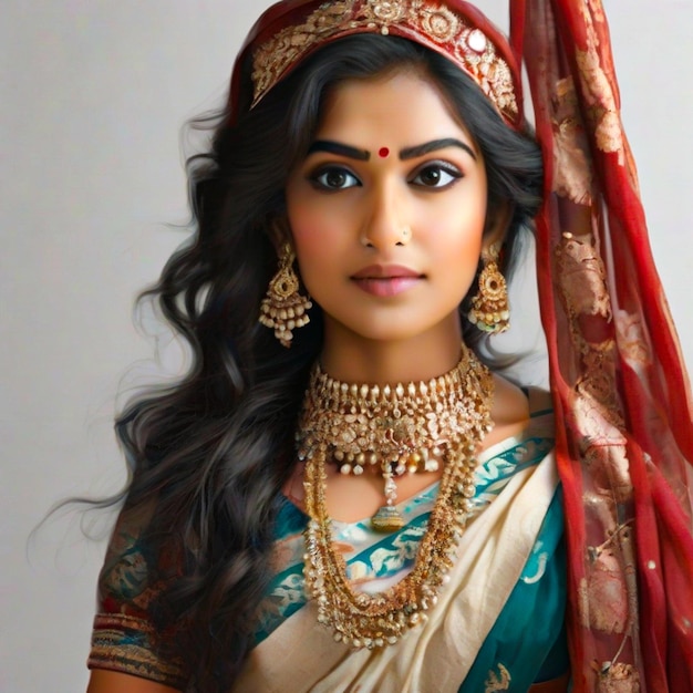 Piękna dziewczyna pochodzenia indyjskiego w tradycyjnym saree.