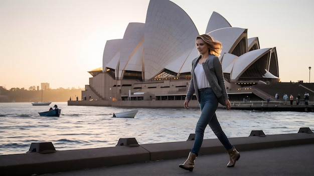 Piękna dziewczyna przechodzi przez słynną operę w Sydney o wschodzie słońca.