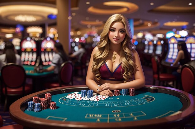 Piękna dziewczyna przy stole w kasynie wygenerowana przez sztuczną inteligencję