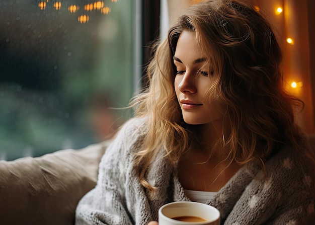 Piękna dziewczyna siedząca przy oknie z filiżanką kawy przytulna koncepcja