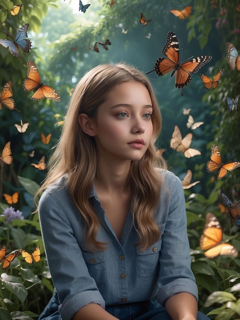 Piękna dziewczyna siedzi w ogrodzie z motylami latającymi obok niej.