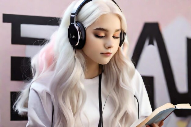 Piękna dziewczyna słucha muzyki w dużych słuchawkach.