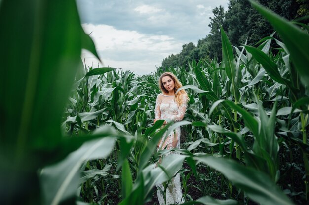 Piękna dziewczyna stoi w polu młodej kukurydzy. Rolnictwo.