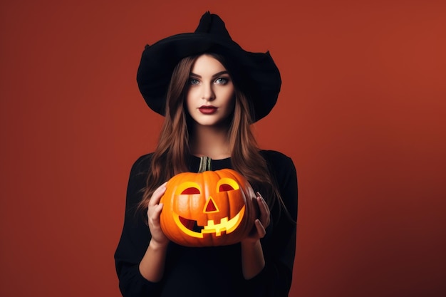 piękna dziewczyna ubrana w kostium wiedźmy na Halloween, trzymająca w rękach dynię jackolantern