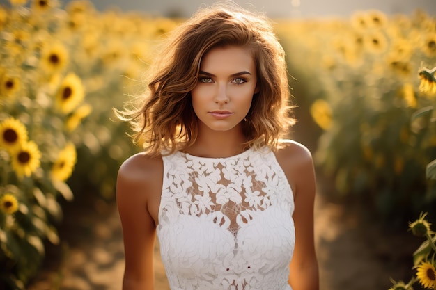 Piękna dziewczyna w białej sukience stojąca na polu
