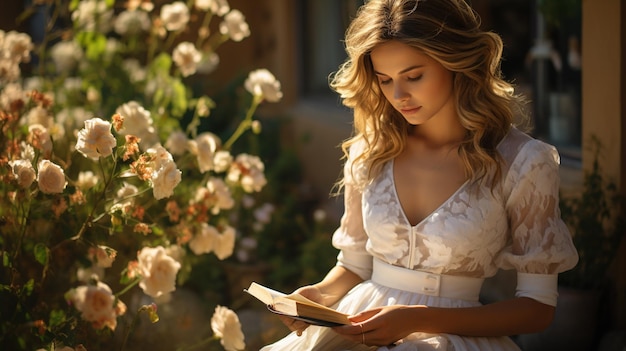 Piękna dziewczyna w białej sukience z książką w kawiarni