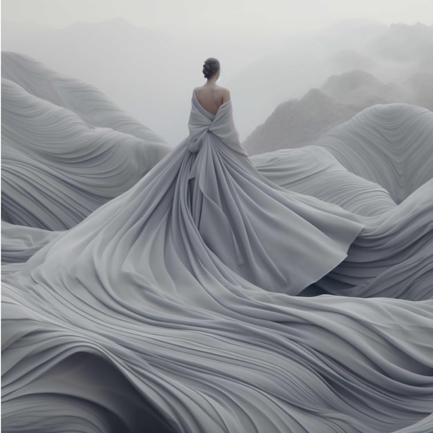 Piękna dziewczyna w białej sukni ślubnej w górach we mgle