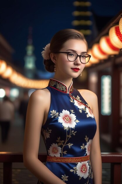 Piękna dziewczyna w cheongsam i okularach na nocnym tle