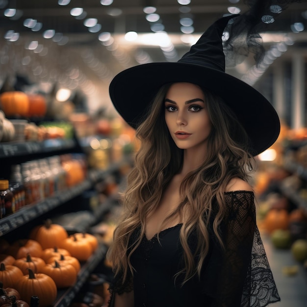 Piękna dziewczyna w czarnym kostiumie czarownicy i kapeluszu pozuje na tle sklepu Halloween