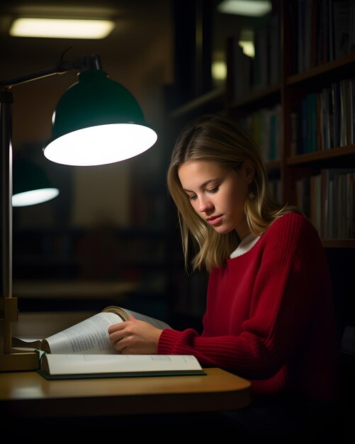 Zdjęcie piękna dziewczyna w czerwonej koszuli czytająca książkę, siedząc w bibliotece publicznej, zdobywając wiedzę poprzez czytanie