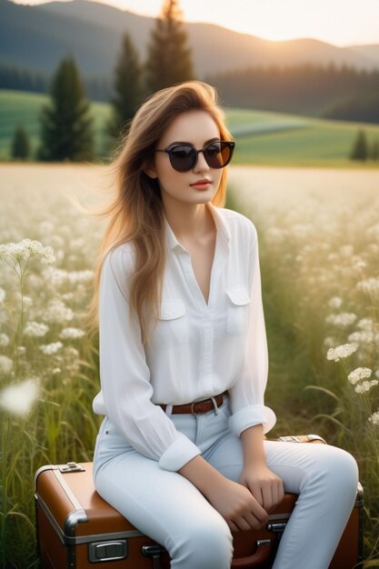 Piękna dziewczyna w koszuli i dżinsach, okulary przeciwsłoneczne, siedzi na walizce z kwiatami.
