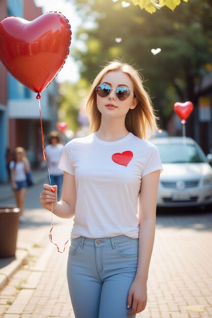 Piękna dziewczyna w koszuli i dżinsach trzyma balon z sercem i stoi na słonecznej ulicy.