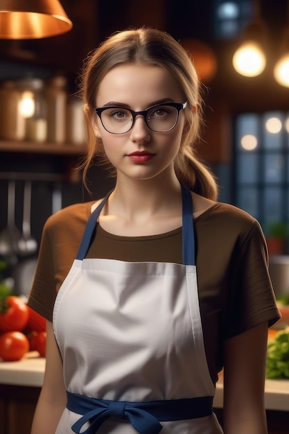 Zdjęcie piękna dziewczyna w kuchennym fartuchu pracuje w kuchni.
