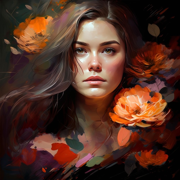 Piękna dziewczyna w kwiatowych pociągnięciach olejnych malarstwa generatywnego AI