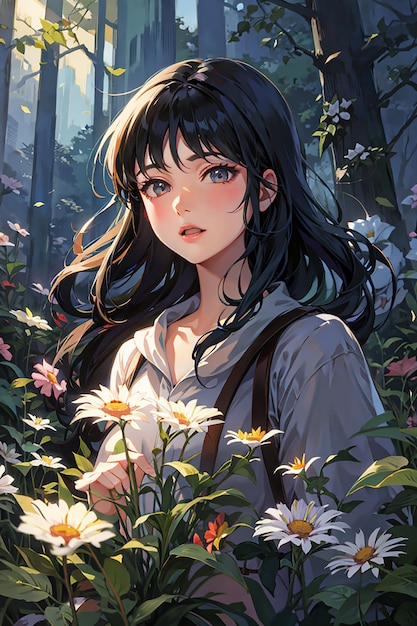 piękna dziewczyna w leśnej ilustracji w stylu anime