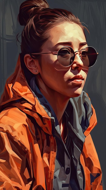 Piękna dziewczyna w okularach przeciwsłonecznych w stylu ciężkiej pracy z precyzyjną grafiką w kolorze pomarańczowym i indygo, stworzoną za pomocą technologii Generative AI