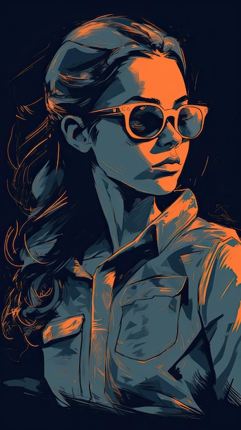 Piękna dziewczyna w okularach przeciwsłonecznych w stylu ciężkiej pracy z precyzyjną grafiką w kolorze pomarańczowym i indygo, stworzoną za pomocą technologii Generative AI