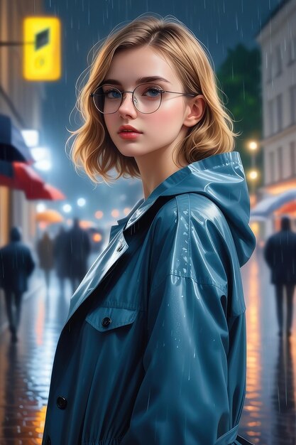 Piękna dziewczyna w płaszczu przeciwdeszczowym i okularach stoi na ulicy w deszczową noc w stylu kreskówki