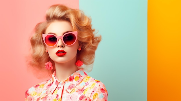 Piękna dziewczyna w różowej peruki i okularach przeciwsłonecznych.