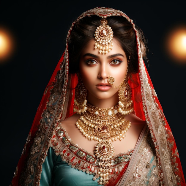 Piękna dziewczyna w tradycyjnych kostiumach ślubnych i diamentowych biżuterii.