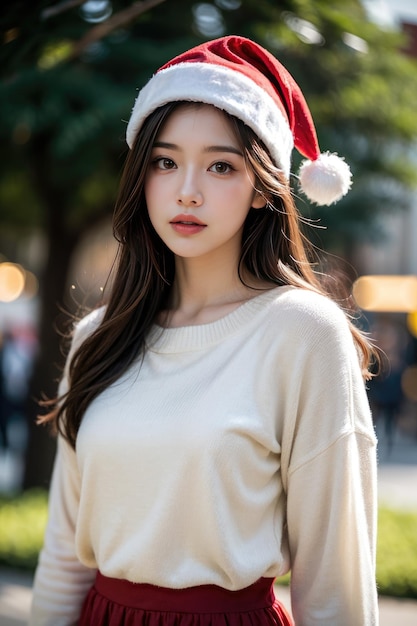 Piękna dziewczyna w ubraniach Świętego Mikołaja na świątecznym tle