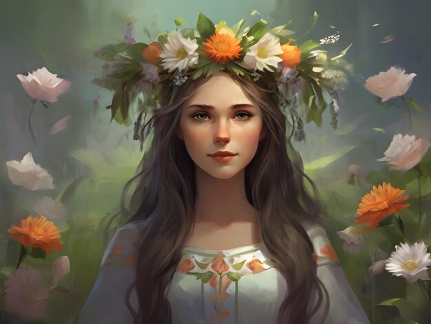 Zdjęcie piękna dziewczyna w wieńcu dzikich kwiatów fantazja