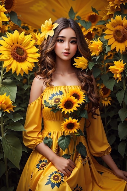 Piękna dziewczyna w żółtej sukience ozdobiona kwiatami słonecznika tapeta zdjęcie tła