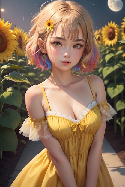 piękna dziewczyna w żółtej sukience ozdobionej kwiatami słonecznika, tapetą, fotografia tła