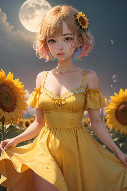 piękna dziewczyna w żółtej sukience ozdobionej kwiatami słonecznika, tapetą, fotografia tła