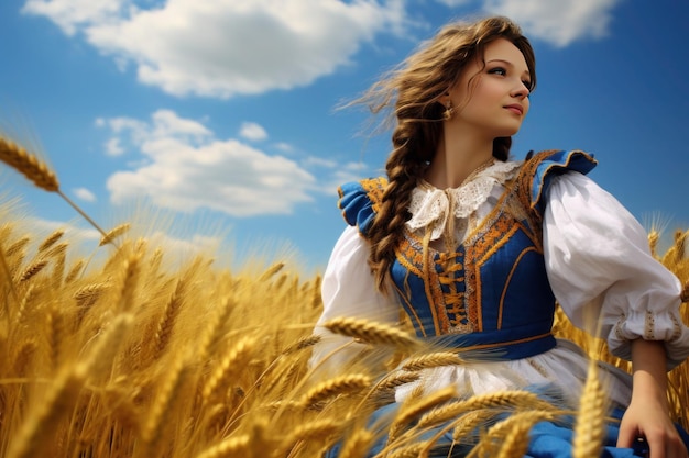 Piękna dziewczyna w żółtym polu pszenicy na tle błękitnego nieba stworzonego przez sztuczną inteligencję