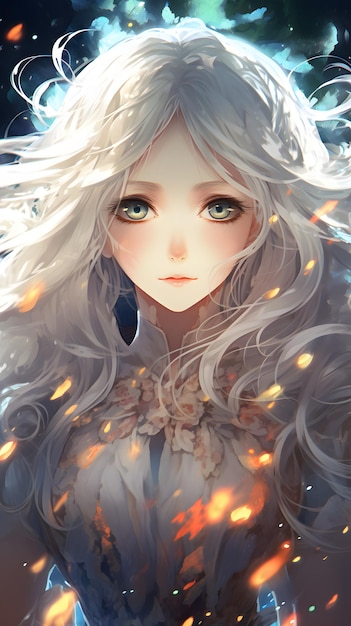 Piękna dziewczyna z anime z długimi, białymi włosami