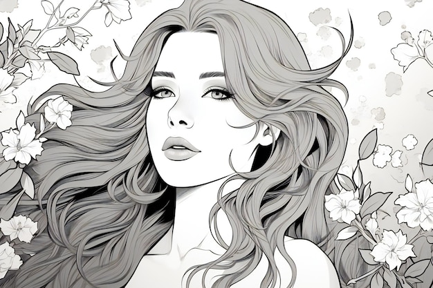 Zdjęcie piękna dziewczyna z długimi włosami i kwiatami ręcznie narysowana ilustracja