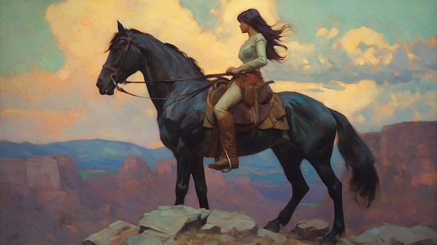 Piękna dziewczyna z długimi włosami w sukience jeździ na koniu w lesie