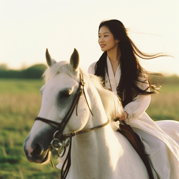 Piękna dziewczyna z długimi włosami w sukience jeździ na koniu w lesie
