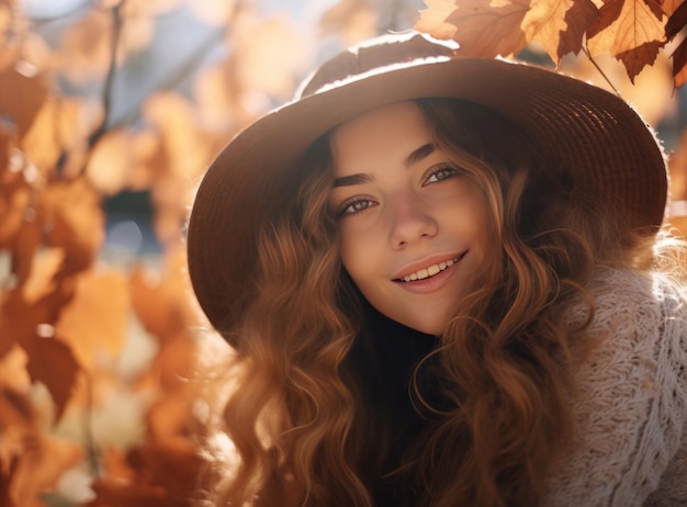 Piękna dziewczyna z jesiennymi liśćmi