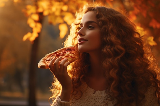 Piękna dziewczyna z kręconymi długimi włosami je pizzę na tle jesiennego krajobrazu