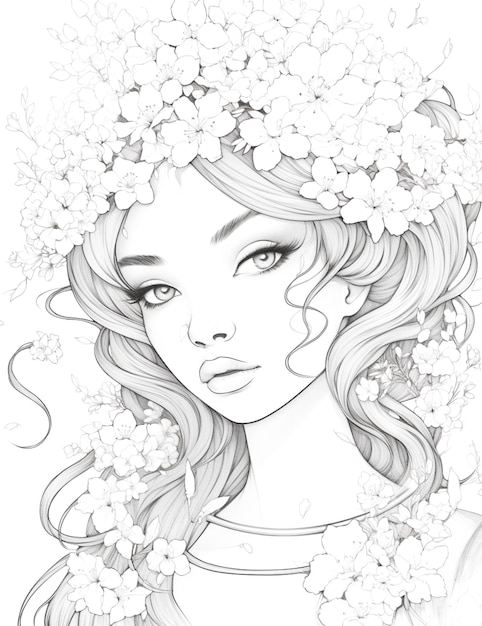Zdjęcie piękna dziewczyna z kwiatami w książce do malowania włosów