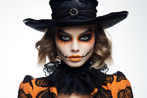 Piękna dziewczyna z makijażem na Halloween i czarnym kapeluszem