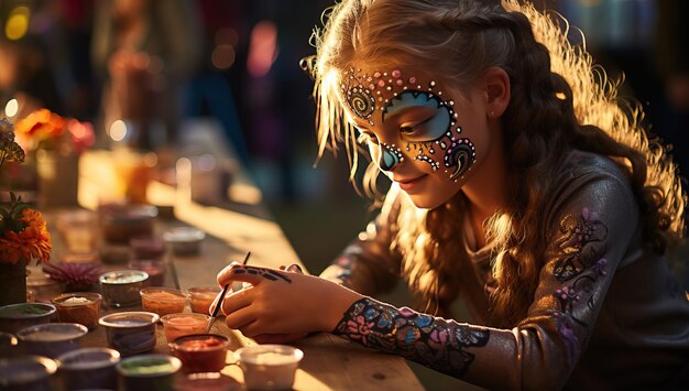 Piękna dziewczyna z malowanym makijażem czaszki cukru na twarzy przy stole