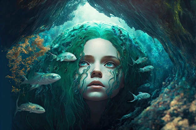 Piękna dziewczyna z ogonem łusek i zielonymi włosami w podwodnej grocie