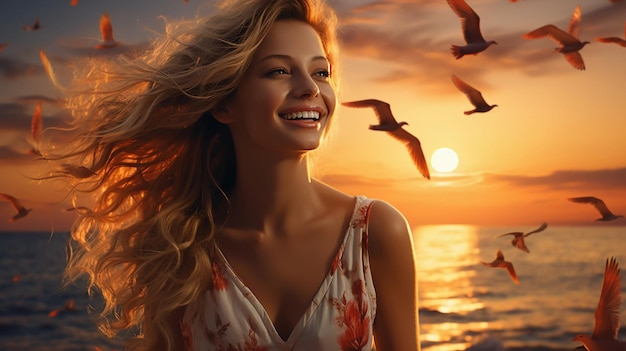 Piękna dziewczyna z uśmiechem na twarzy na brzegu morza piękny zachód słońca