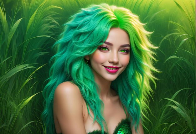 Zdjęcie piękna dziewczyna z zielonymi włosami i jasnym makijażem