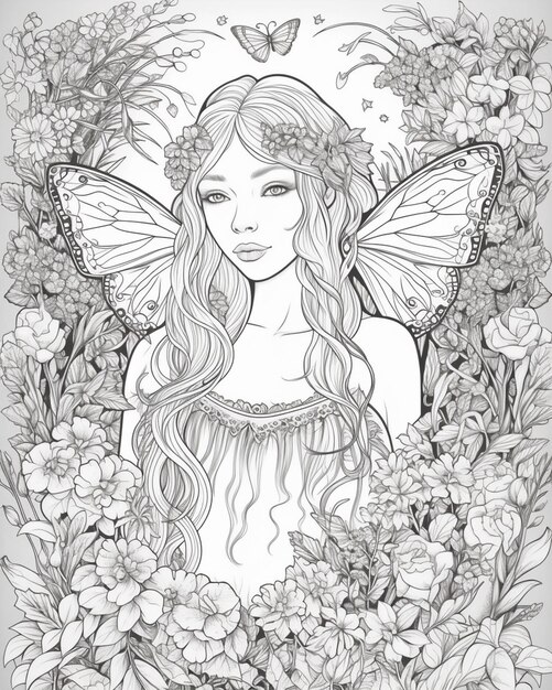 piękna dziewczyna ze skrzydłami motyla i kwiatami we włosach generativ ai