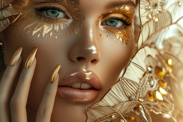 Piękna dziewczyna ze złotym makijażem i złotymi metalowymi paznokciami