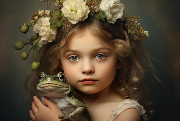 Piękna dziewczynka nosząca kwiaty na głowie trzymająca żabę w stylu obrazu u