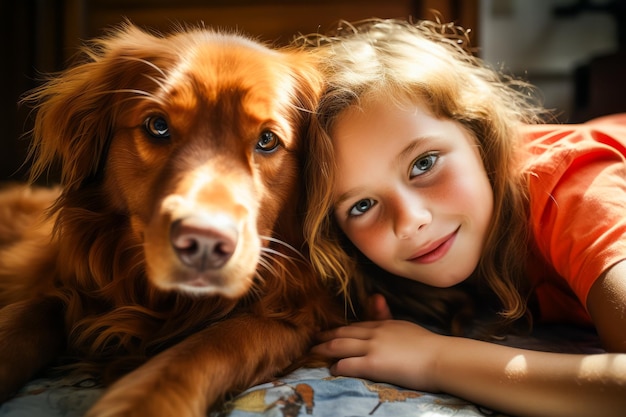 Piękna dziewczynka przytula swojego psa przyjaźń dziecko i pies