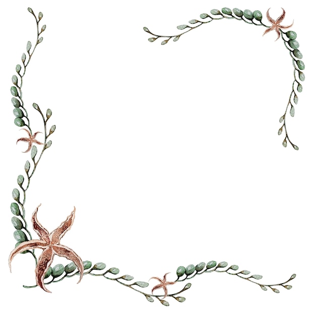 Piękna elegancka rama z zielonych alg i gwiazd morza Wysokiej jakości ilustrator akwareli