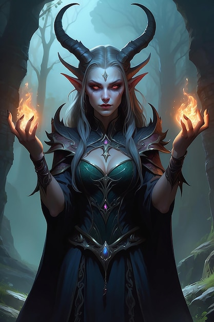 Zdjęcie piękna elf-demona, hybrydowa kobieta, zaklęcie, grimoir w jej rękach, zostań na zboczu wzgórza.